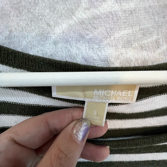 MICHAEL KHORS OLIVE GREEN WHITE STRIPE S SMALL EUC TOP SHIRT LONG - Picture 9 of 15
